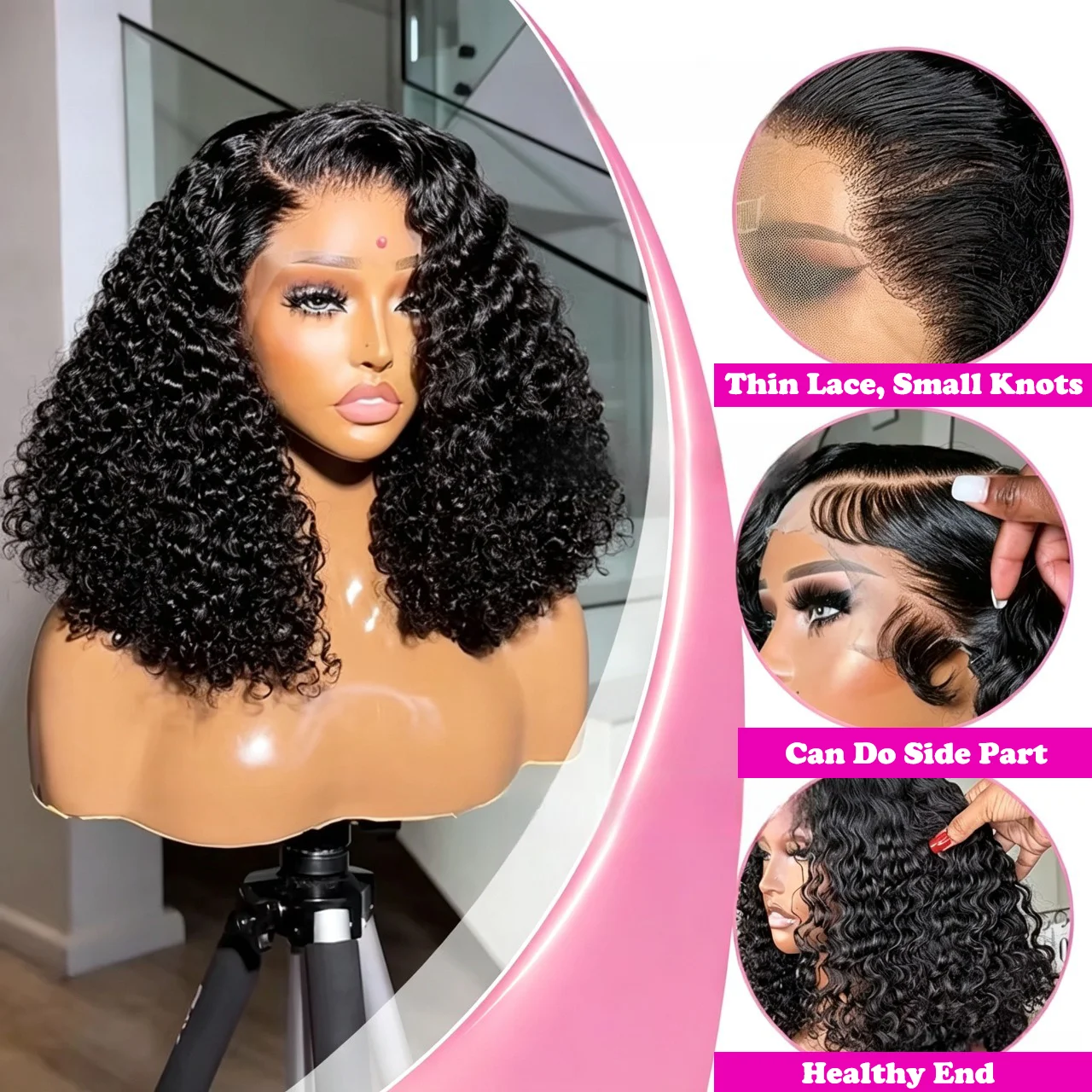 100% Human Hair Deep Curly Bob Wigs Virgin Human Hair 13x4 Lace Frontal Wigs Deep Wave Human Hair 4x4 Lace Wigs Natural Black Color Curly Short Hair Wigs For Women view 2
