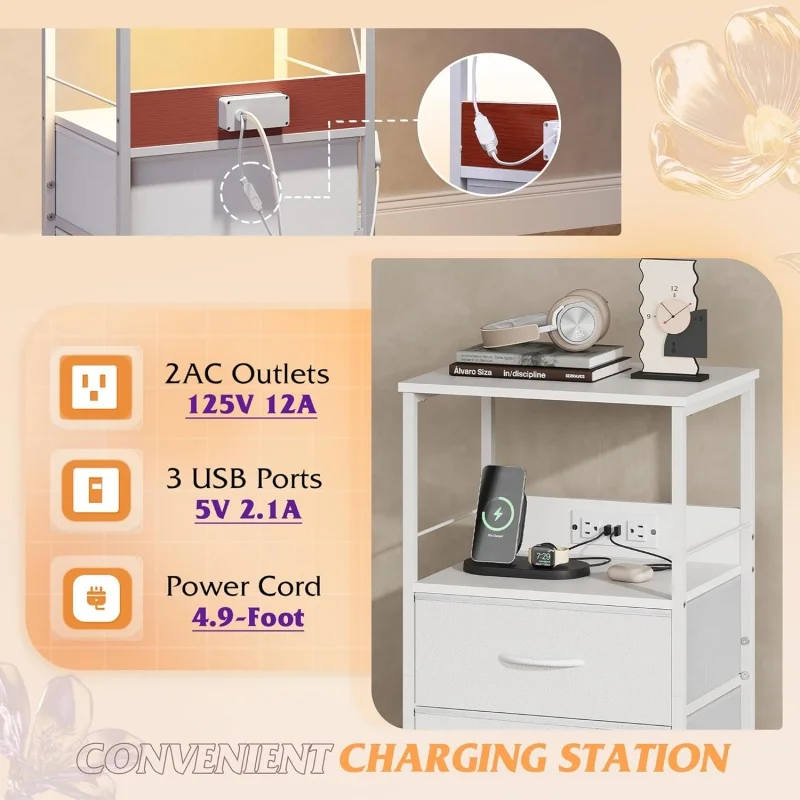 منضدة GALAXHERO مع محطة شحن LED طاولة بجانب السرير 2 أدراج قماشية رف تخزين 3 منافذ USB 2 منافذ خزانة صغيرة