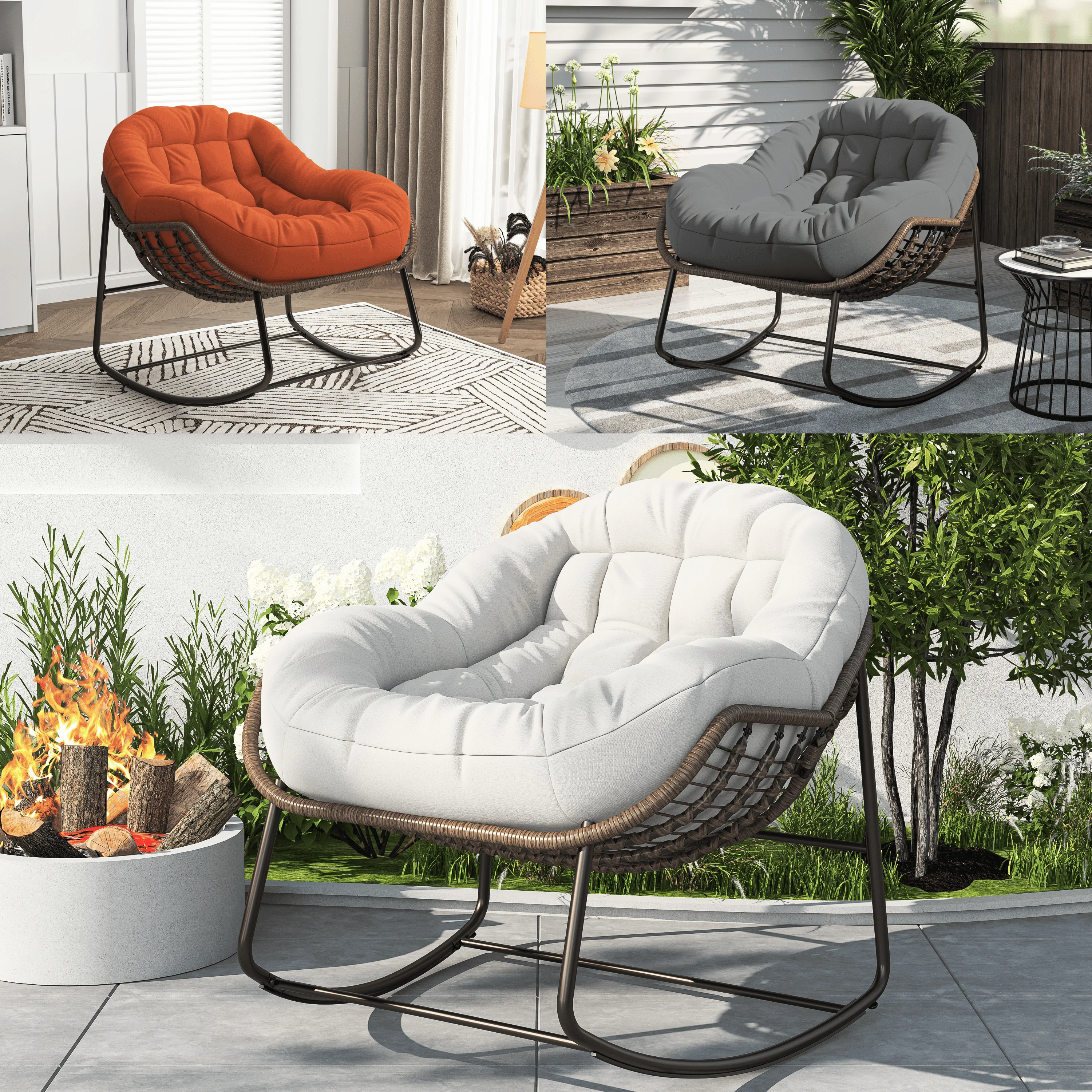 Sedia a dondolo, 105x90x80 cm, sedia in rattan oversize con seduta imbottita, poltrona, beige/grigio/arancione