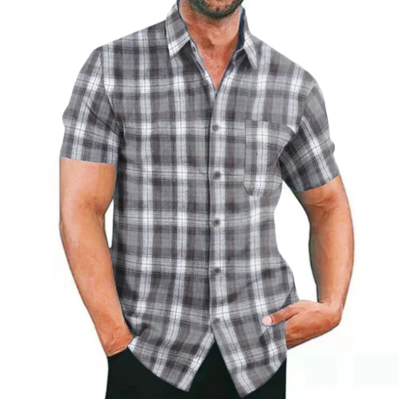 Men Shirt Casual Plaid Flannel Men\'s Clothing Short-Sleeved Chest Pocket Design Men\'s Striped Shirts Printed-Button S-3XL