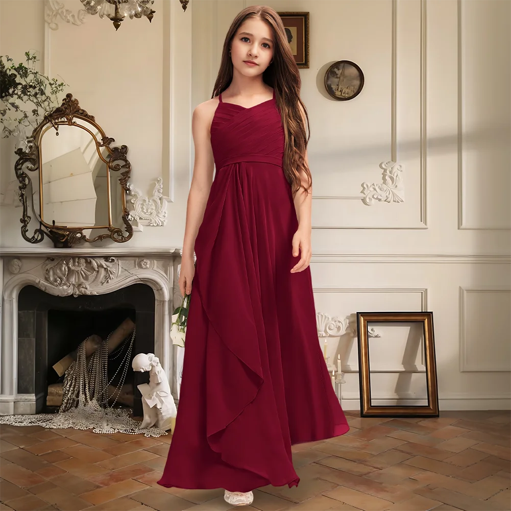 

Elegant A Line V Neck Floor Length Chiffon Junior Bridesmaid Dress With Cascading Ruffles Flower Girl Dress For Wedding Formal