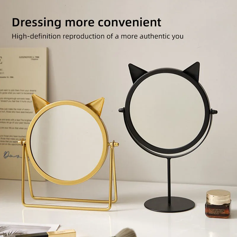 Espelho redondo de mesa pode levantar e girar espelho de alta definição de um lado espelho de maquiagem para casa espelho de vestir de orelha de gato