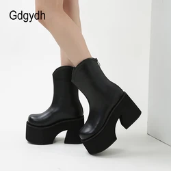 Gdgydh Mid Calf Platform Chelsea Boots Women Chunky Heel Wide Width Back Zipper Goth Shoes Faux Leather Comfy Black Plus Size