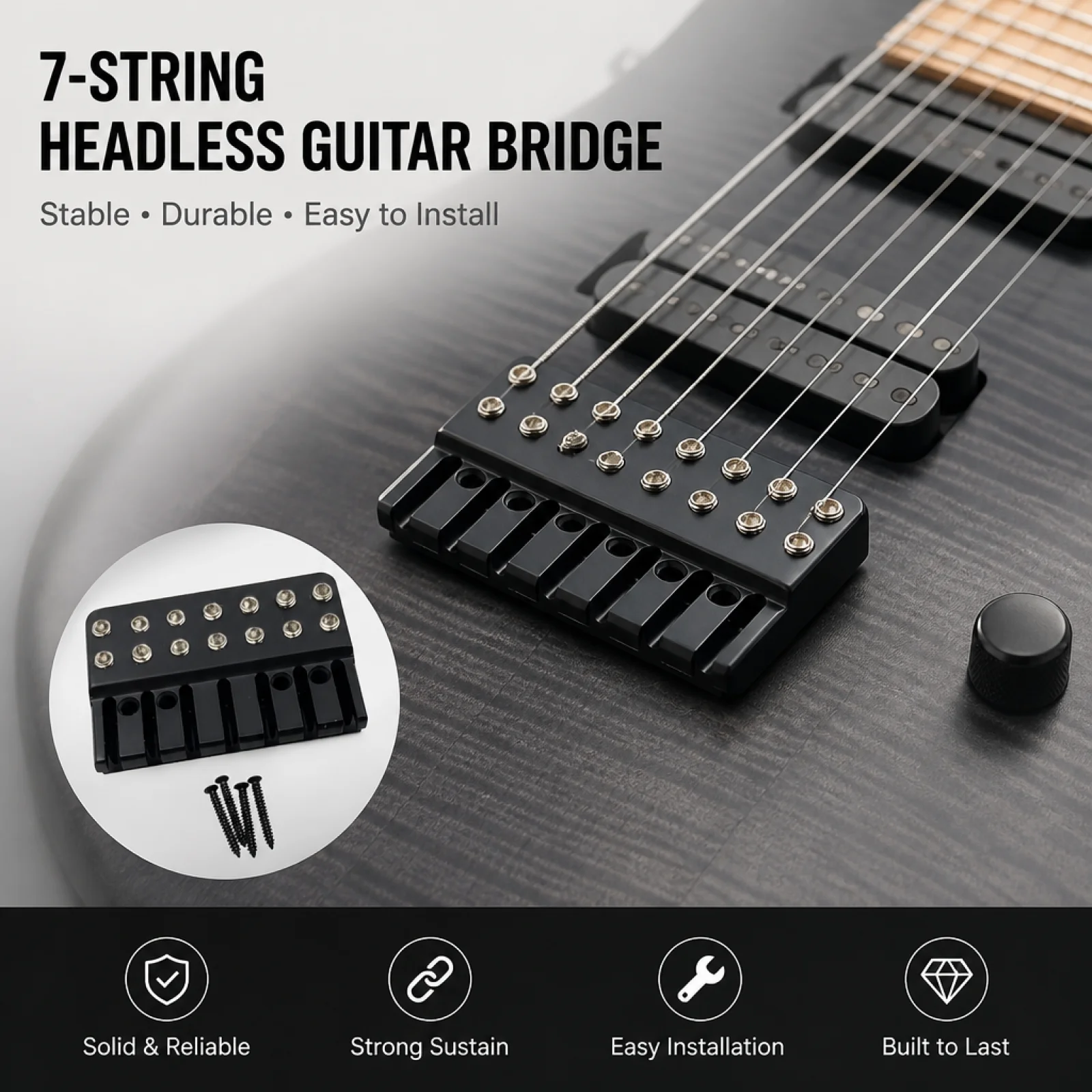Puente para Guitarra Eléctrica de 7 Cuerdas con Bloqueo de Cuerdas y Afinación Fácil, Piezas de Guitarra sin Cabeza de Fácil Instalación para Músicos