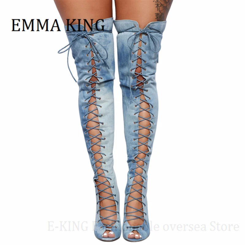 Stivali alti alla coscia in Denim blu da donna stivali anteriori con lacci sopra il ginocchio cerniera posteriore tacco largo lungo Botas Peep Toe