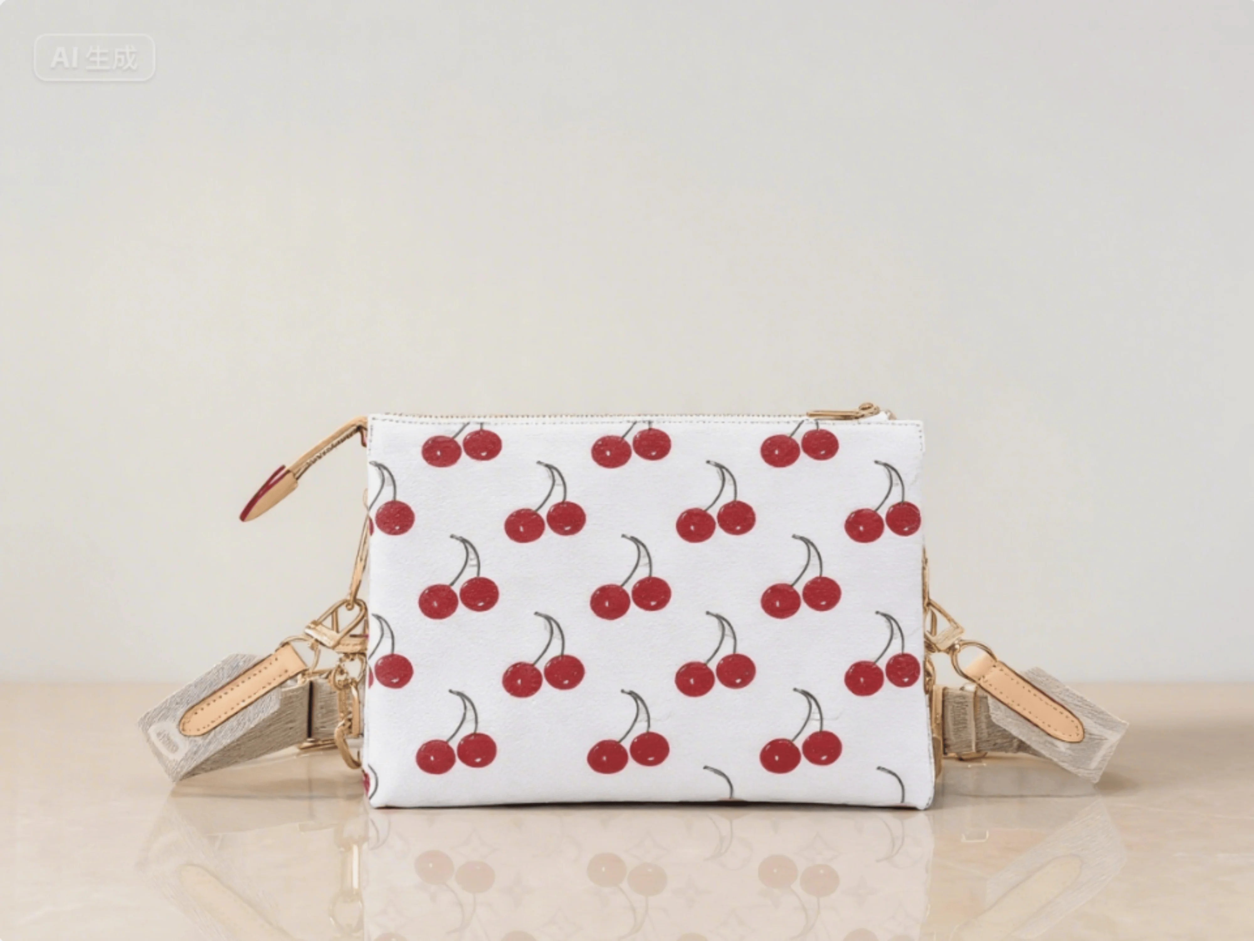 

2025Женская цепочка-багет, модная универсальная ретро-сумка из овечьей кожи с вишневым дизайном, мягкая повседневная женская сумка 26*20*12 см