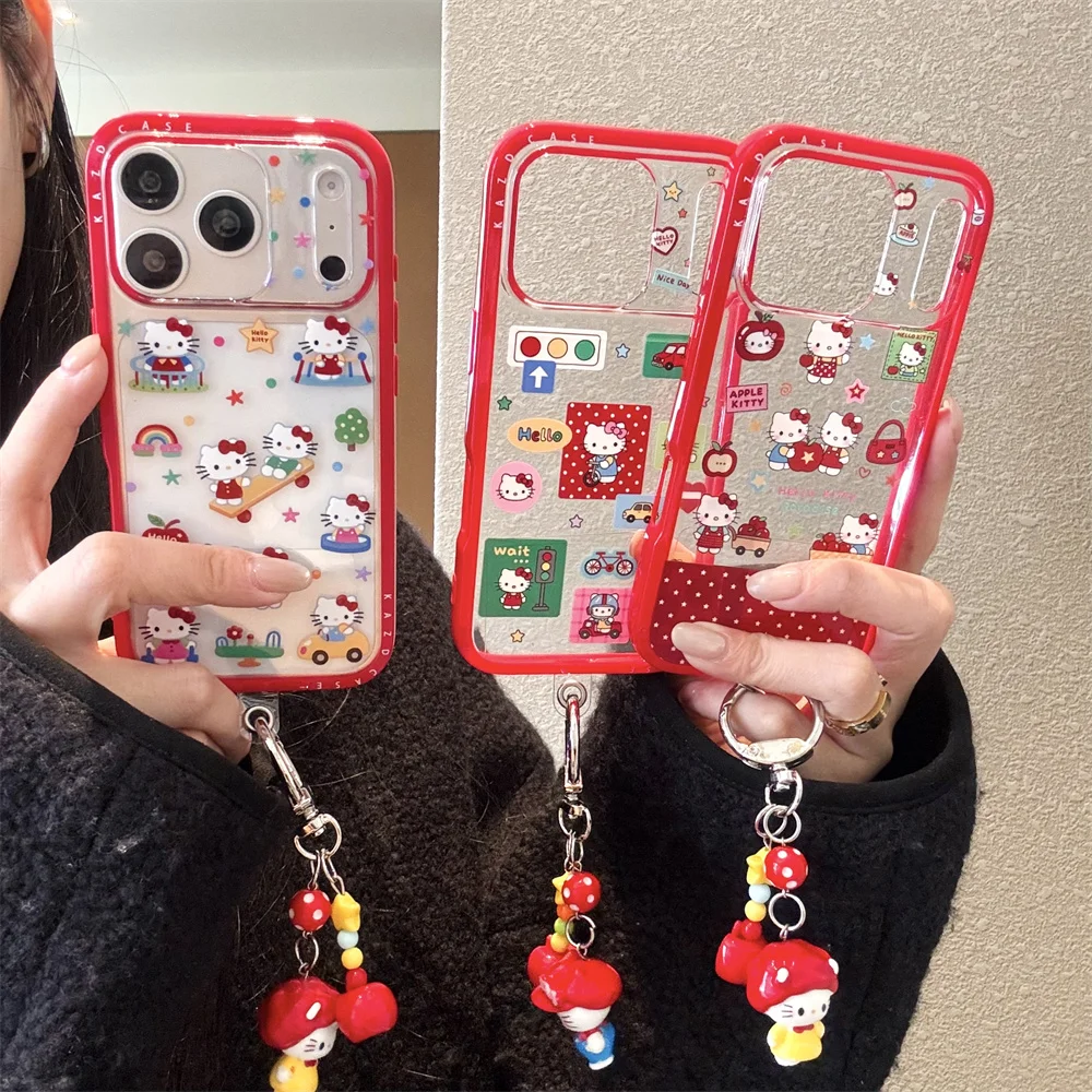 

New cute red HelloKitty phone case with lanyard, suitable for iPhone 17 Pro Max, 13, 14, 15, 16 Pro series, including anti fall