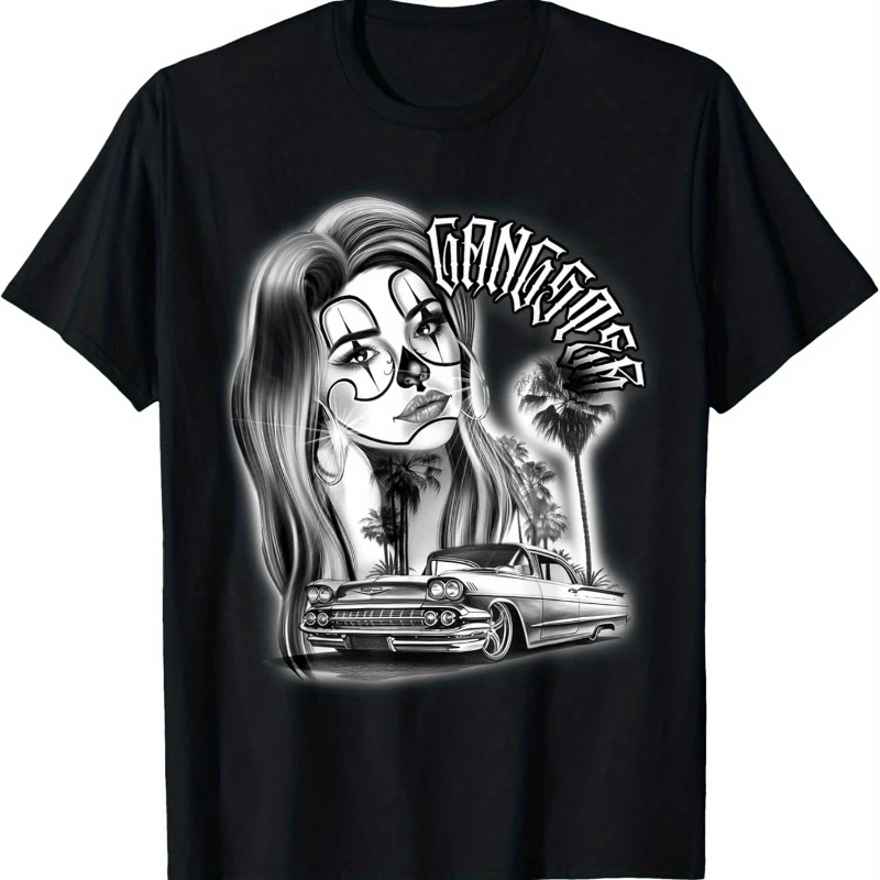 

Men's Casual Cotton T-Shirt Pure Cotton Neck Short Sleeve Tee with Clown Payasa & Chicano Low Rider Gangster Print Soft Breathab