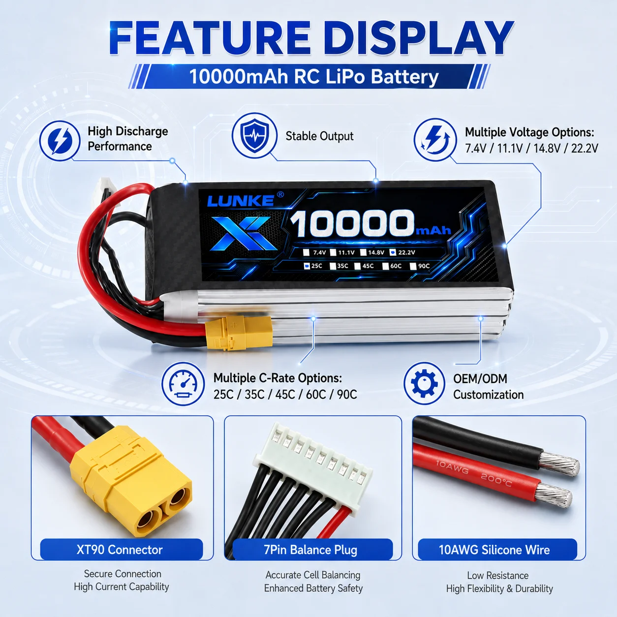 6S 22.2V 10000mAh 25C High Performance LiPo Battery Pack with XT90 Plug for FPV Drone UAV RC Aircraft