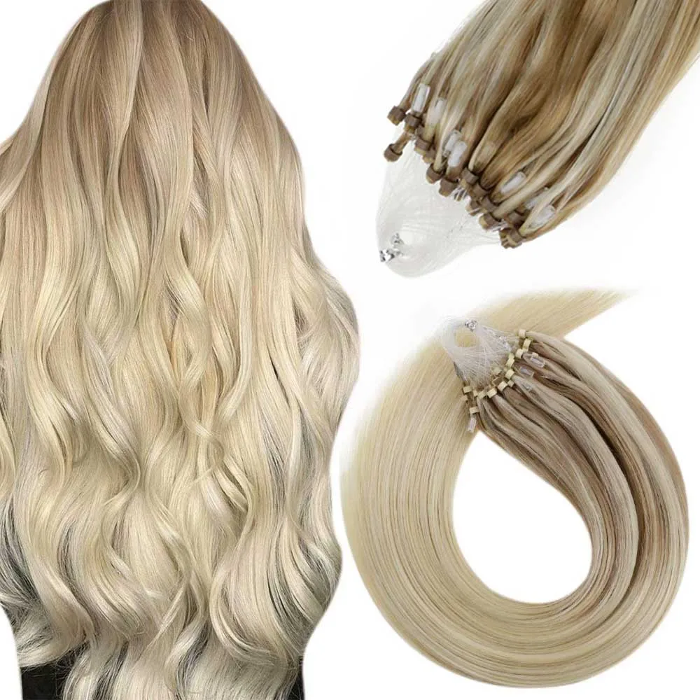 

LaaVoo Micro Link Human Hair Extensions 50G&100G Remy Real Human Hair Beaded 1G/S Balayage Straight Prebonded Micro Ring Hair