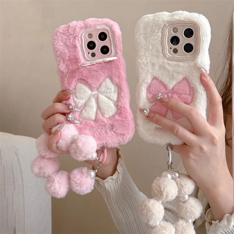 

Cute Bow Flower Pink Phone Case, Fluffy Ball Wristband, Silicone Case for iPhone 16 Pro, 12, 14 13 15Pro Max Korea