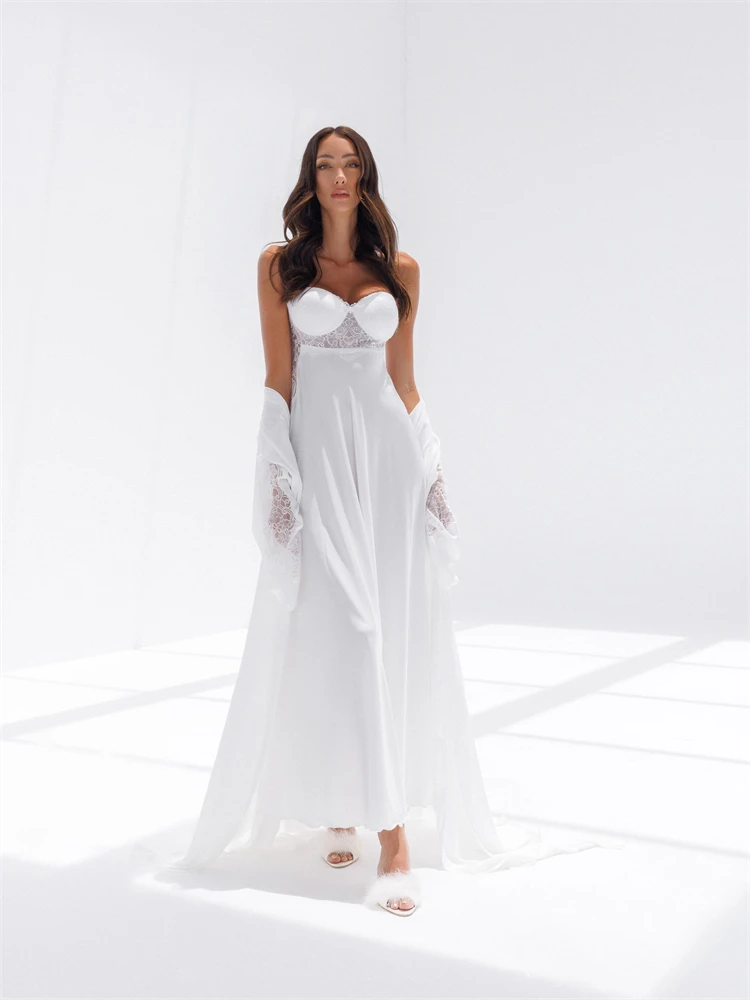 Sexy zweiteilige Spaghetti träger Spitze Braut Robe für Hochzeit lange Ärmel weichen Satin Braut dusche Kleid Frauen Nacht Gwon