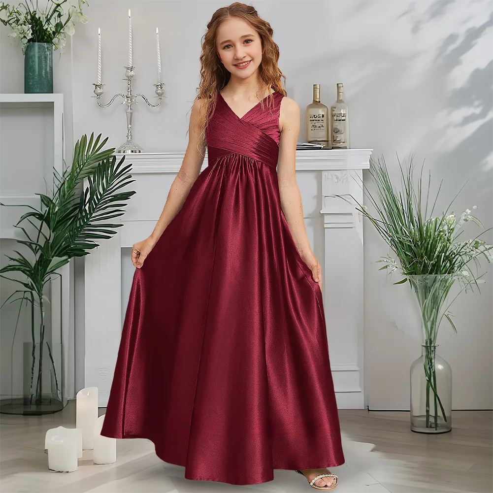 A Junior Bridesmaid Dress Flower Girl Dress Floor Length V Neck Sleeveless Stretch Satin A Line Formal Kids Girls Party Wedding