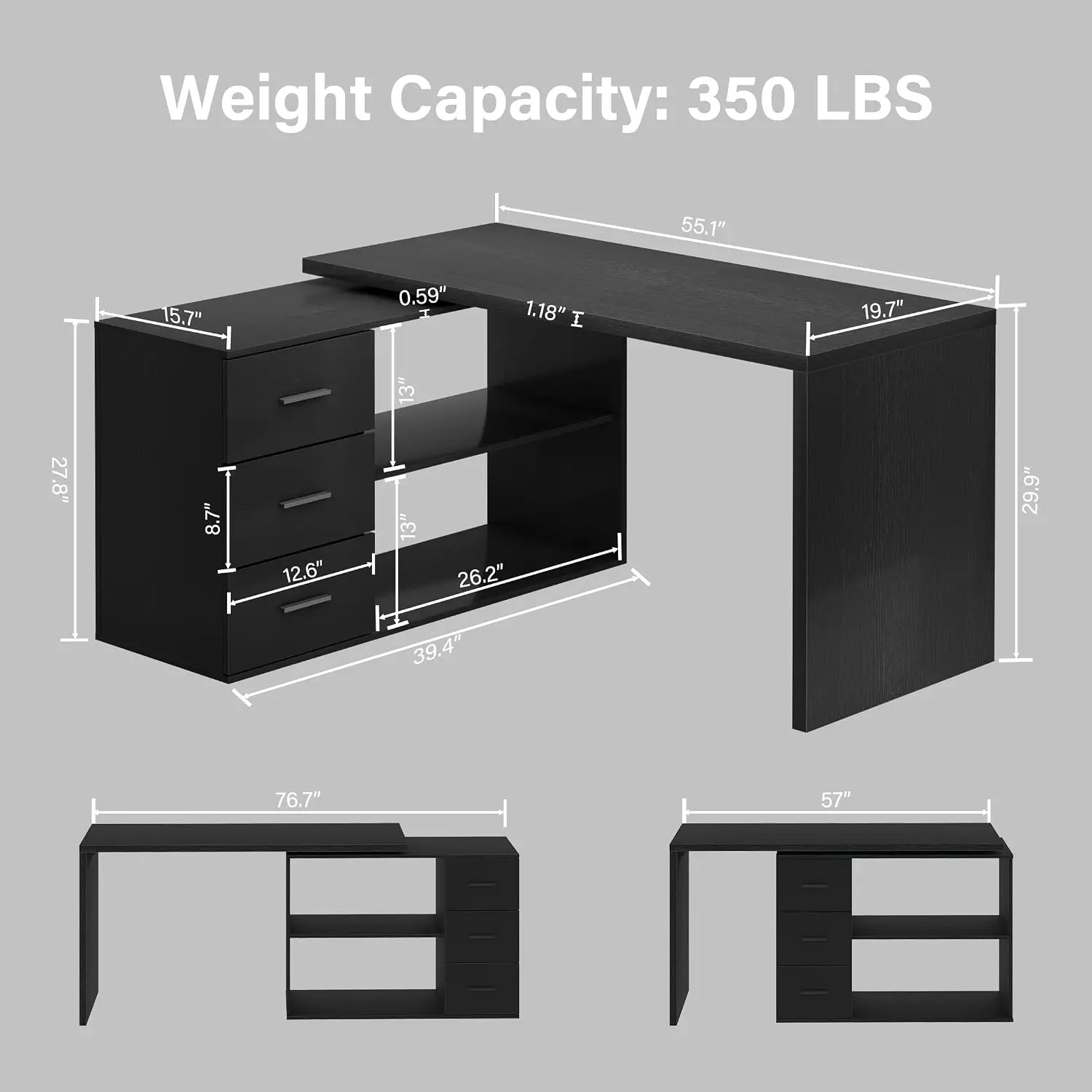 55-76 Inch Black Morden L Shaped Desk, Corner Desk with Storage Drawers Reversible Home Office Desk,Wood 360 Rotating Executive Coumputer Desk With Open Shelves,Long For Work,Study,Gaming