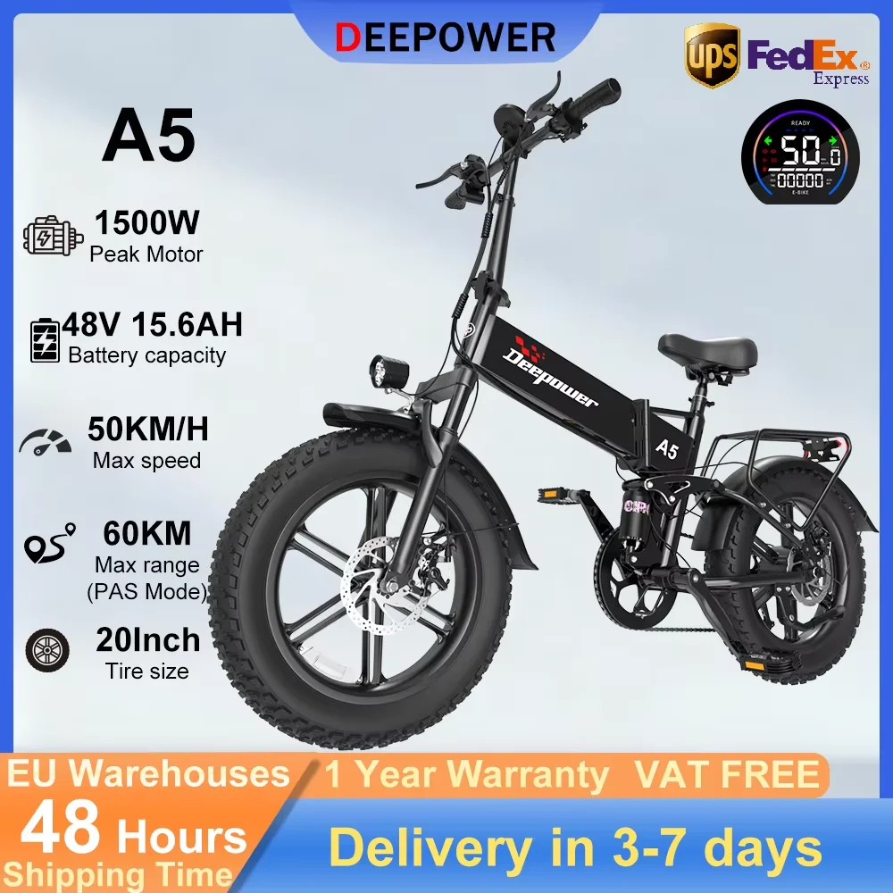 Vélo électrique pliable DEEPOWER 1500W 48V 15.6Ah 20 pouces tout-terrain, adapté au transport urbain et à un usage unisexe