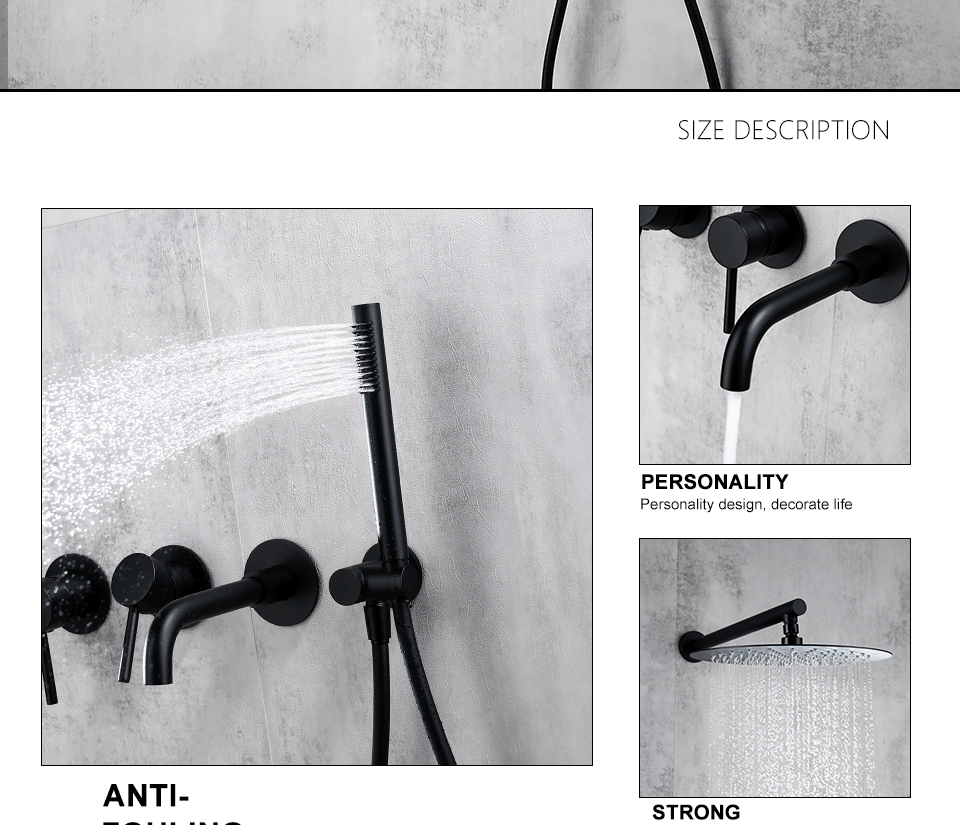 Matte Schwarz Dusche System Bad Badewanne Wasserhahn Mischbatterie Wand Montieren Badewanne Auslauf Drehen 8/10/12 10-zoll-niederschlag HeadShower – Detail 3