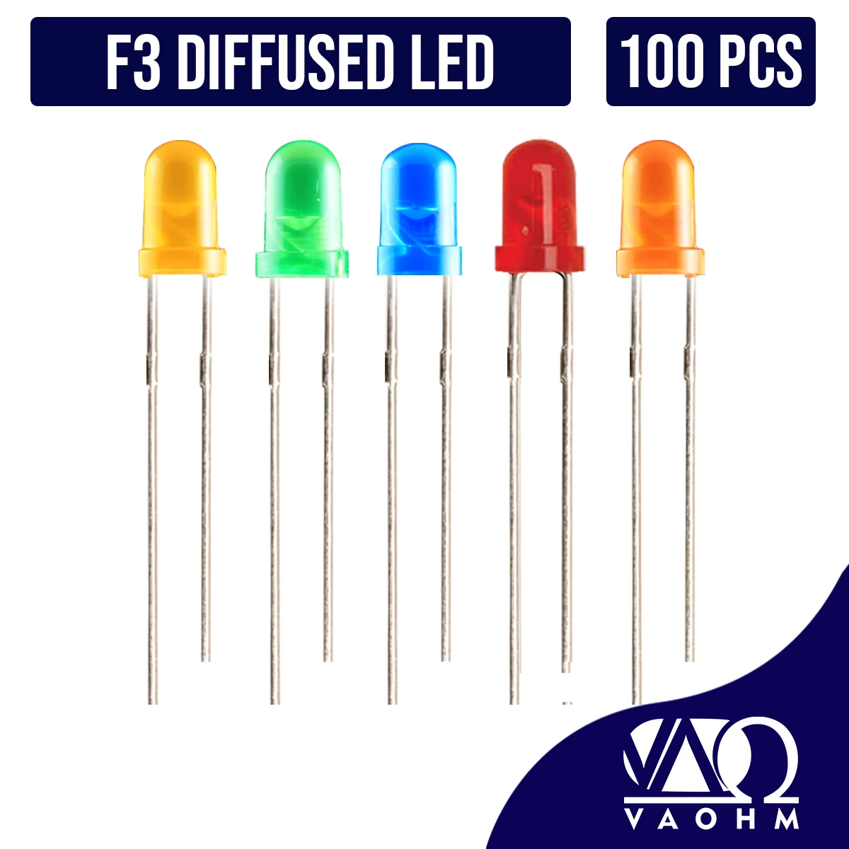 100Pcs/Lot 3MM LED GREEN/ORANGE/RED/YELLOW/BLUE Color Diffused Super Bright F3 LED