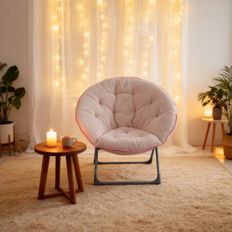 Fauteuil lune pliant en laine, portable, rose doux, confortable, pour chambre, appartement, jardin, espace de détente