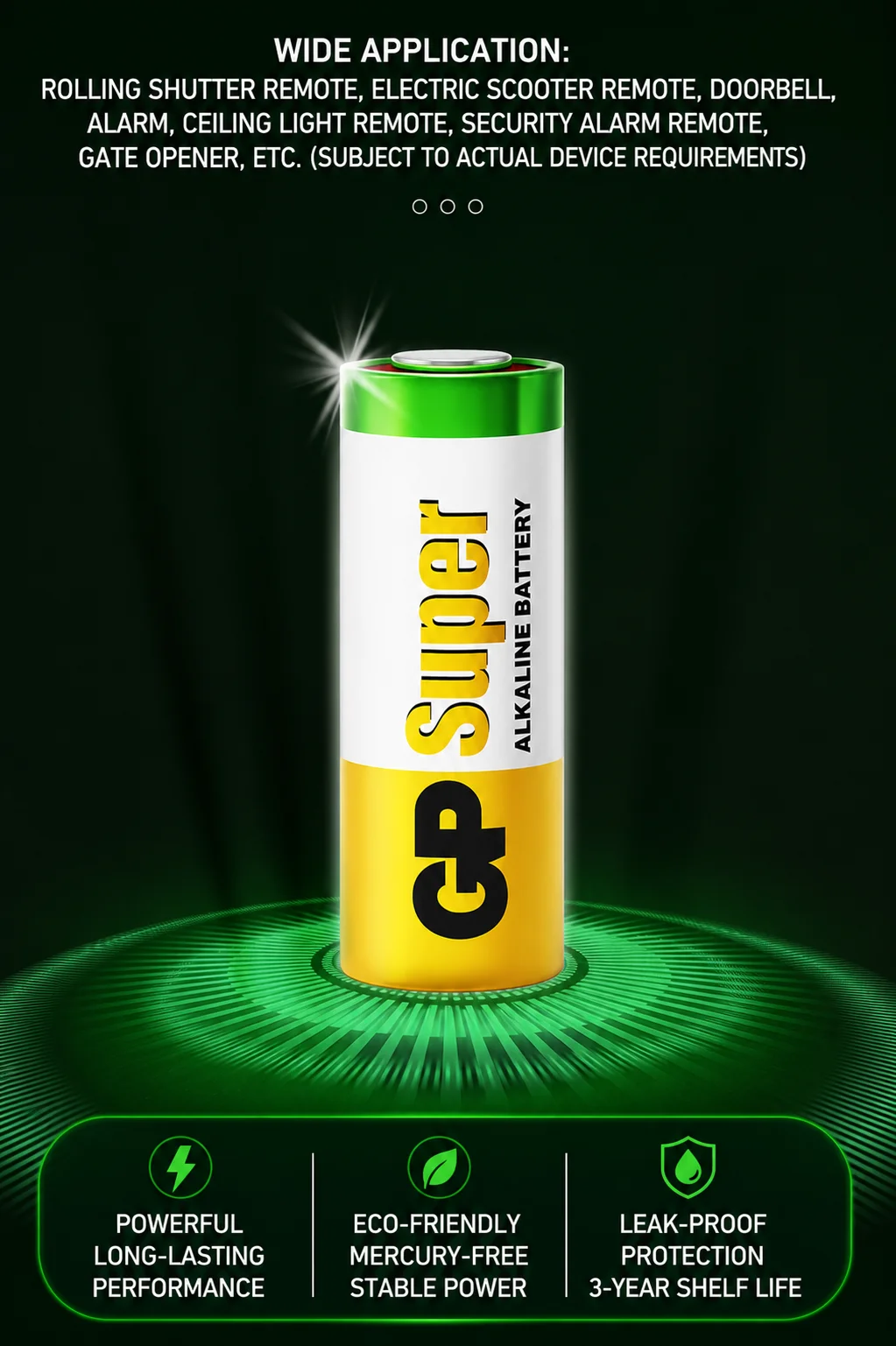 GP 12V23A Alkaline Batteries for Doorbells Call Buttons Roller Shutter Remotes Alarm Systems Vehicle Anti-theft Devices