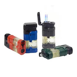 4 PACK Triple Solid & Clear Color Torch Lighter Adjustable Flame W/Cigar Puncher