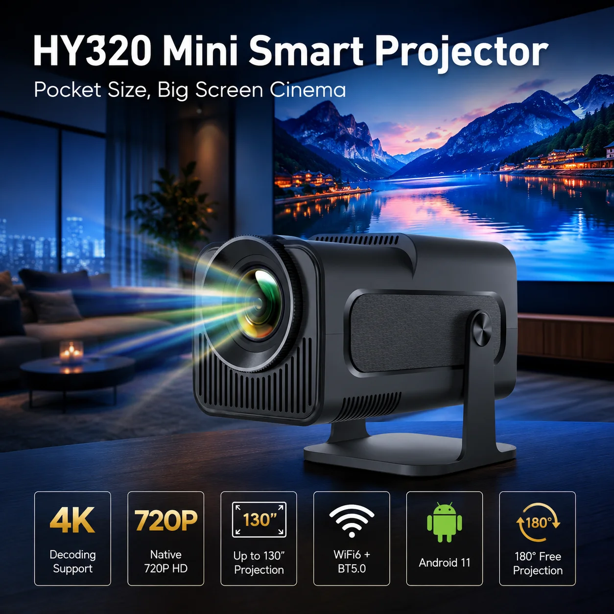100 Inch 720P Home Projector Portable LED Projector WiFi Bluetooth Auto Keystone Mini Home Theater Projector for Bedroom Living Room