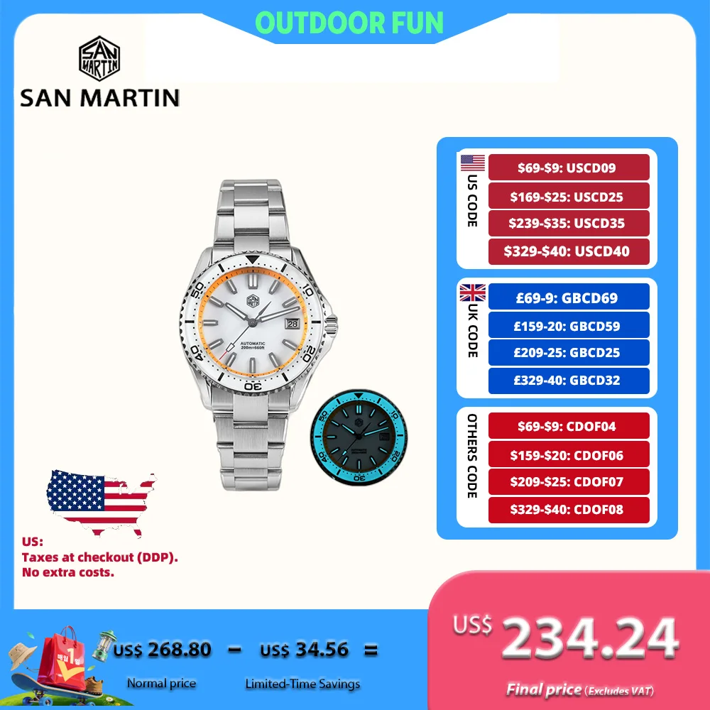 

San Martin Sapphire Bezel Enamel DialNH35 Men Watch Sports 3H Date 20Bar Waterproof BGW-X1 / Orange Luminous Wristwatch SN0129D