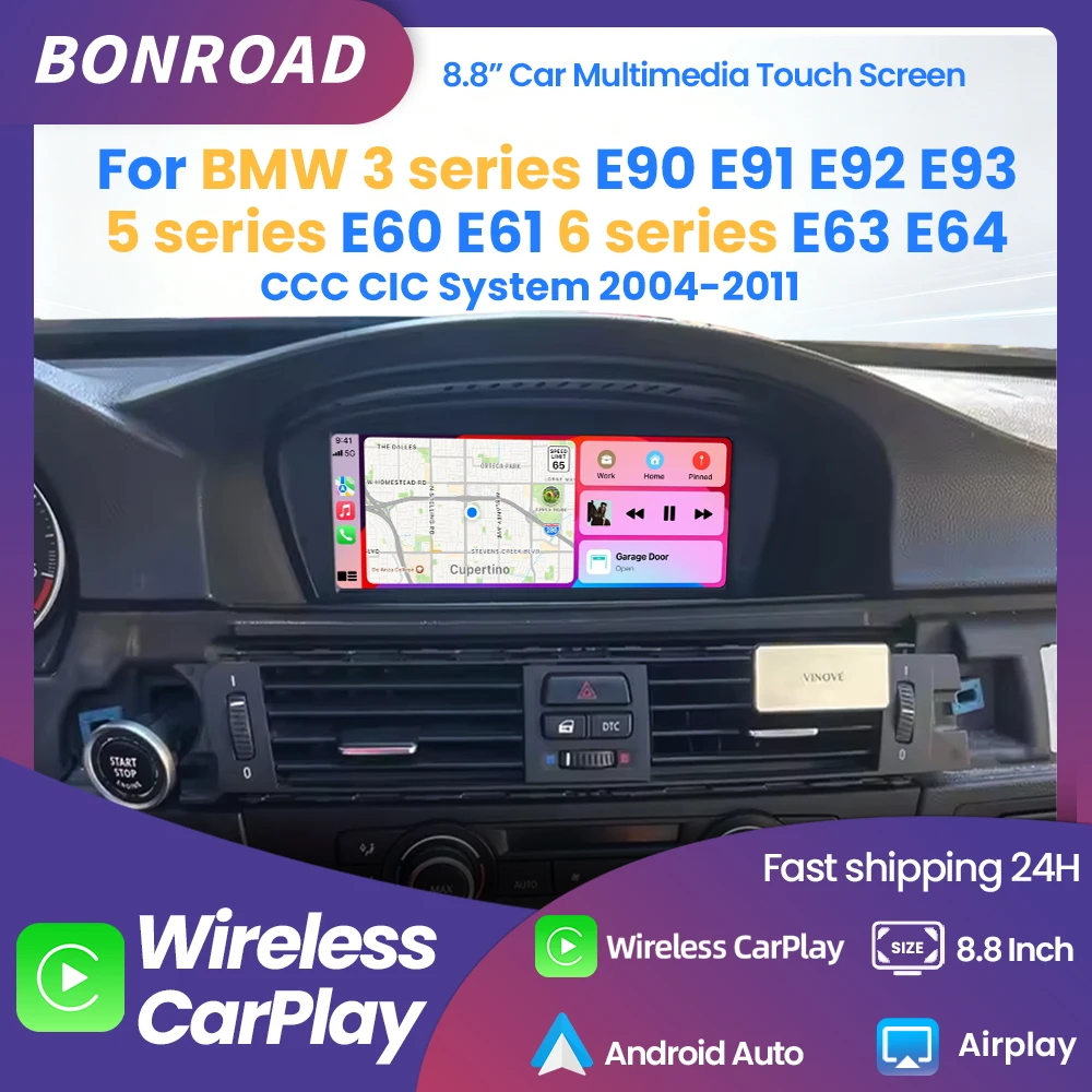 BONROAD Autoradio multimediale con schermo touchscreen, CarPlay wireless, Android Auto, per BMW Serie 3/5/6 E90 E91 E92 E93 M3 E60 E61 E63 E64, sistema Mask CCC CIC, navigazione GPS, Bluetooth