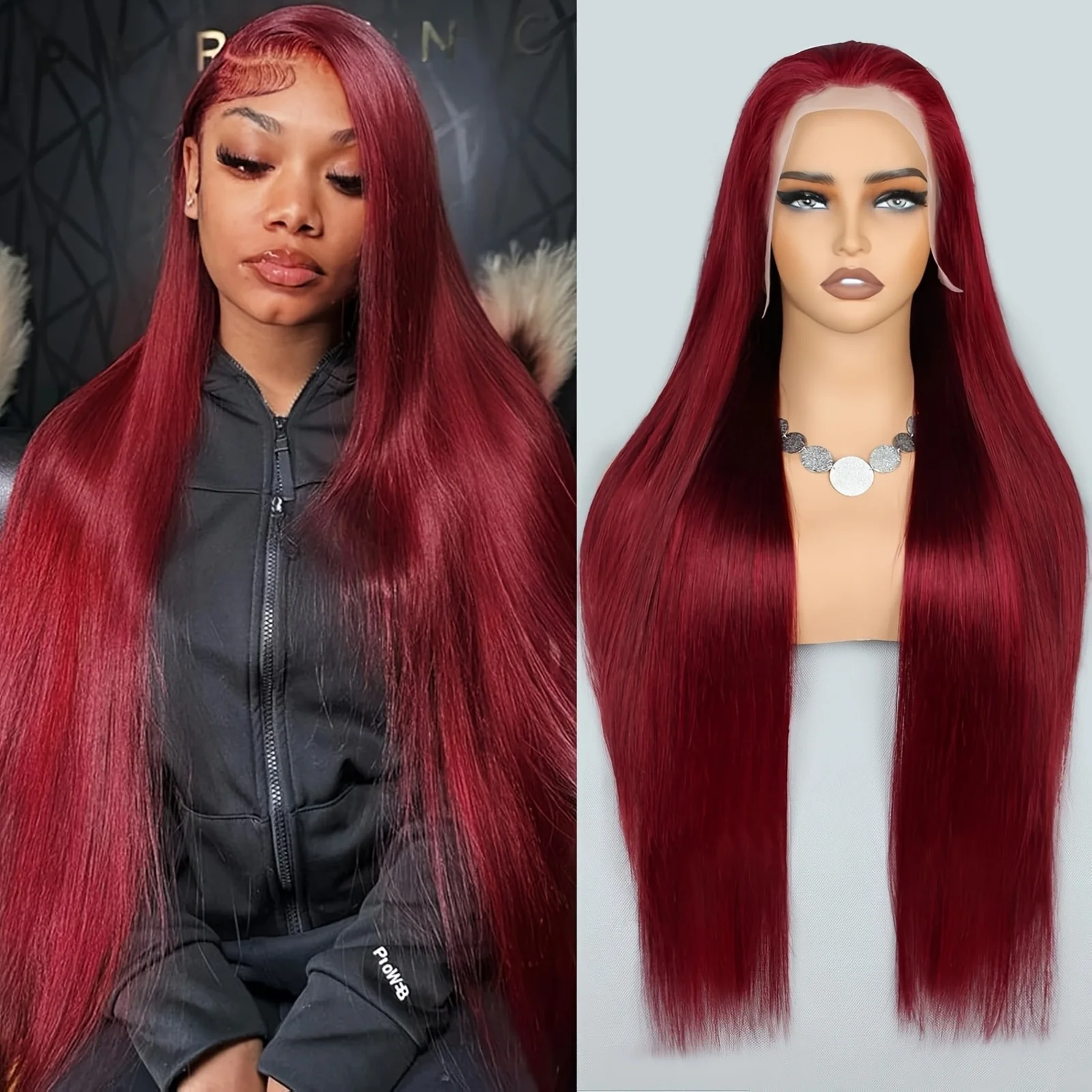 Offerta speciale: parrucche con frangia in pizzo, colore 99J bordeaux, realizzate con capelli umani, modello dritto, con pizzo HD 13x4, senza colla, densità del 250%, con capelli pre-tagliati e