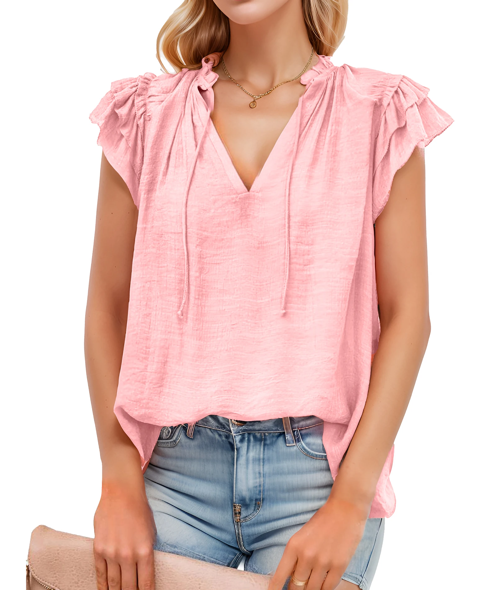 Femmes été décontracté à volants à manches courtes travail affaires Blouses col en V dentelle avant hauts, S-5XL