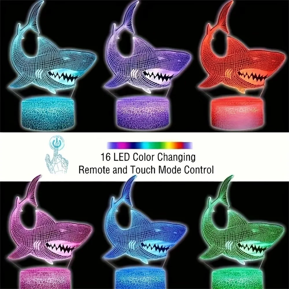 3D Shark Pattern Night Light, Novidade Candeeiros de mesa, Atmosfera do quarto, Presente perfeito para família e amigos, Decoração do lar