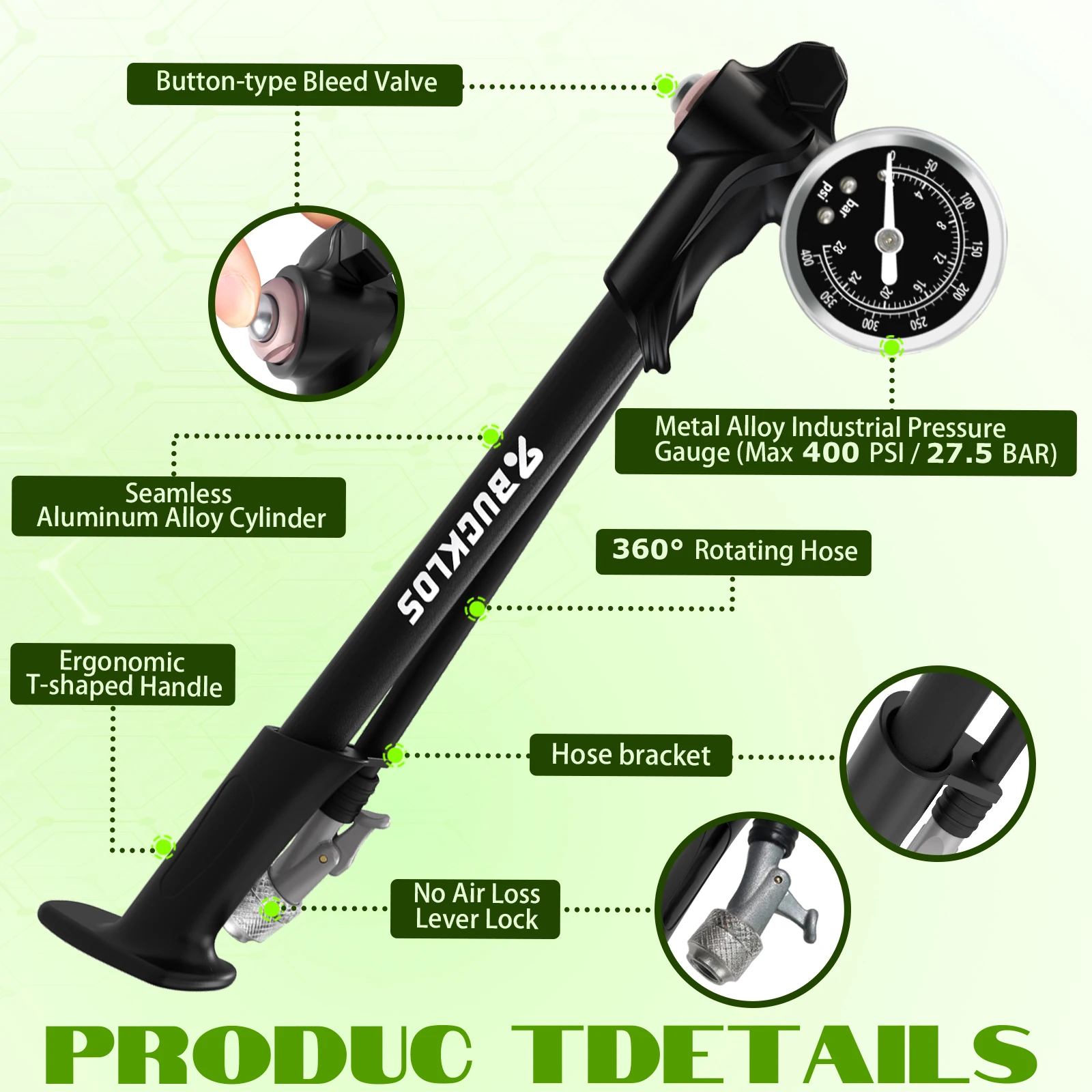 BUCKLOS Bicycle Air Pump 400PSI Air Suspension Inflator MTB Front Fork Rear Shock Absorber Pump Schrader Valve Tire Inflator view 3