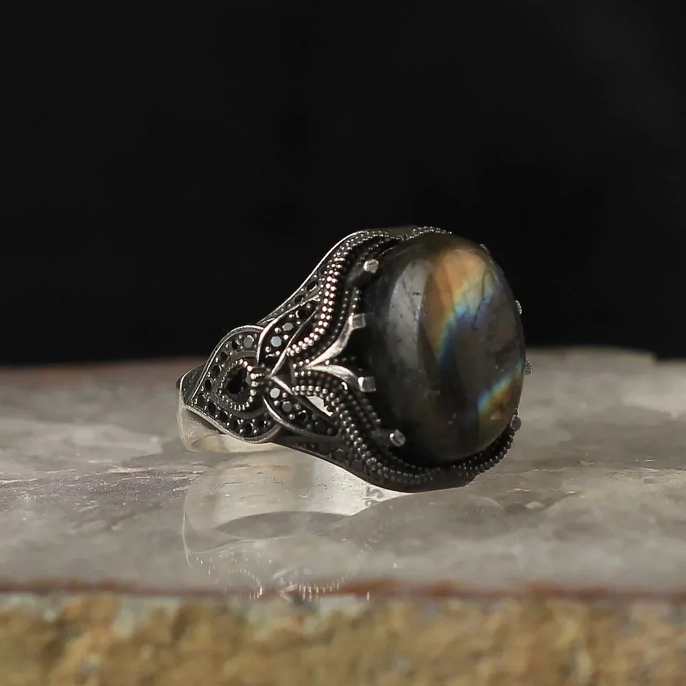 Pure Real 925 Sterling Silver Labradorite Natural Stone Ring Men High quality Jewelry Retro Fashion Vintage Handmade Gift