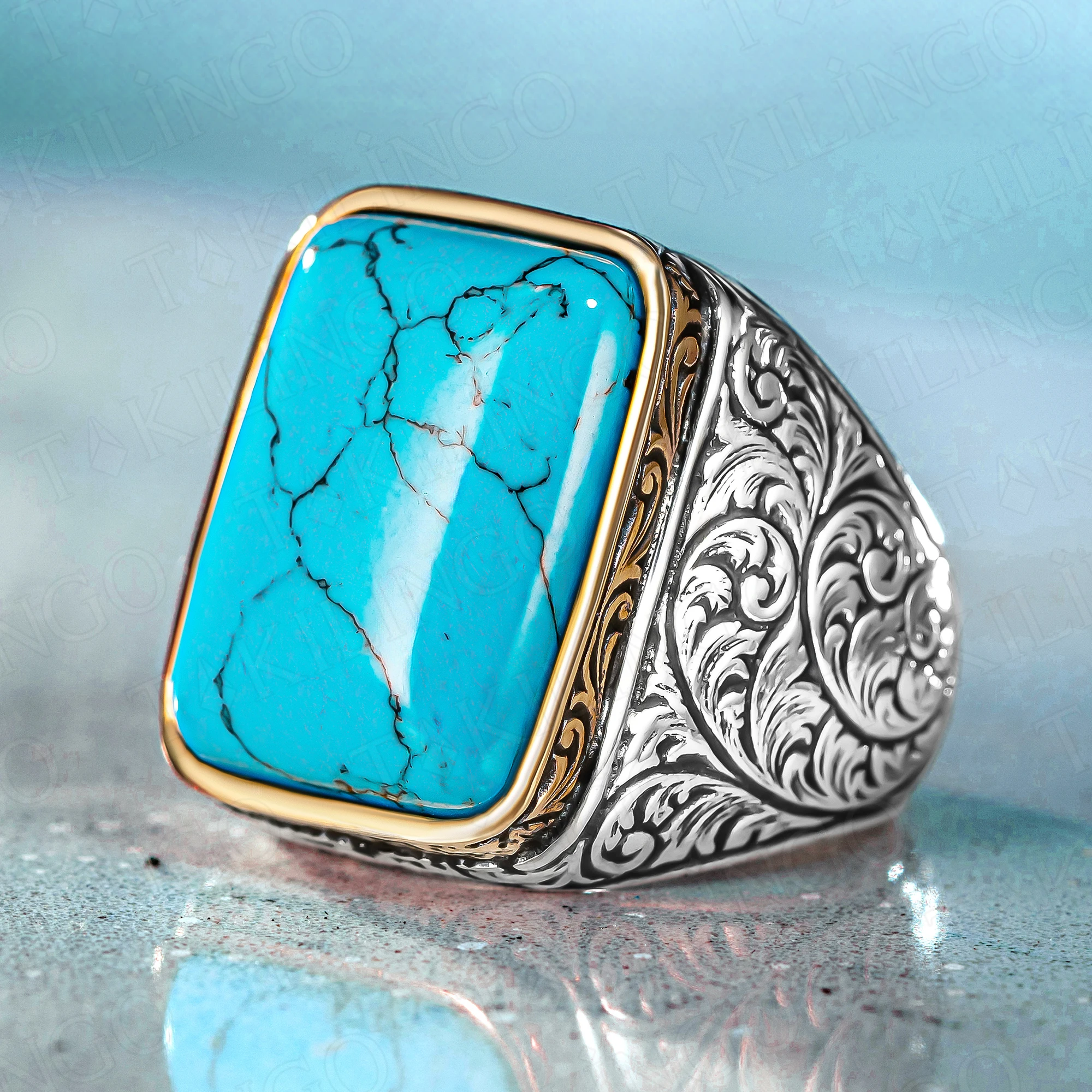 

Turquoise Stone Ring 925 Sterling Silver Turquoise Turkish Biker Ring Ideal Gift for Dad Boyfriend