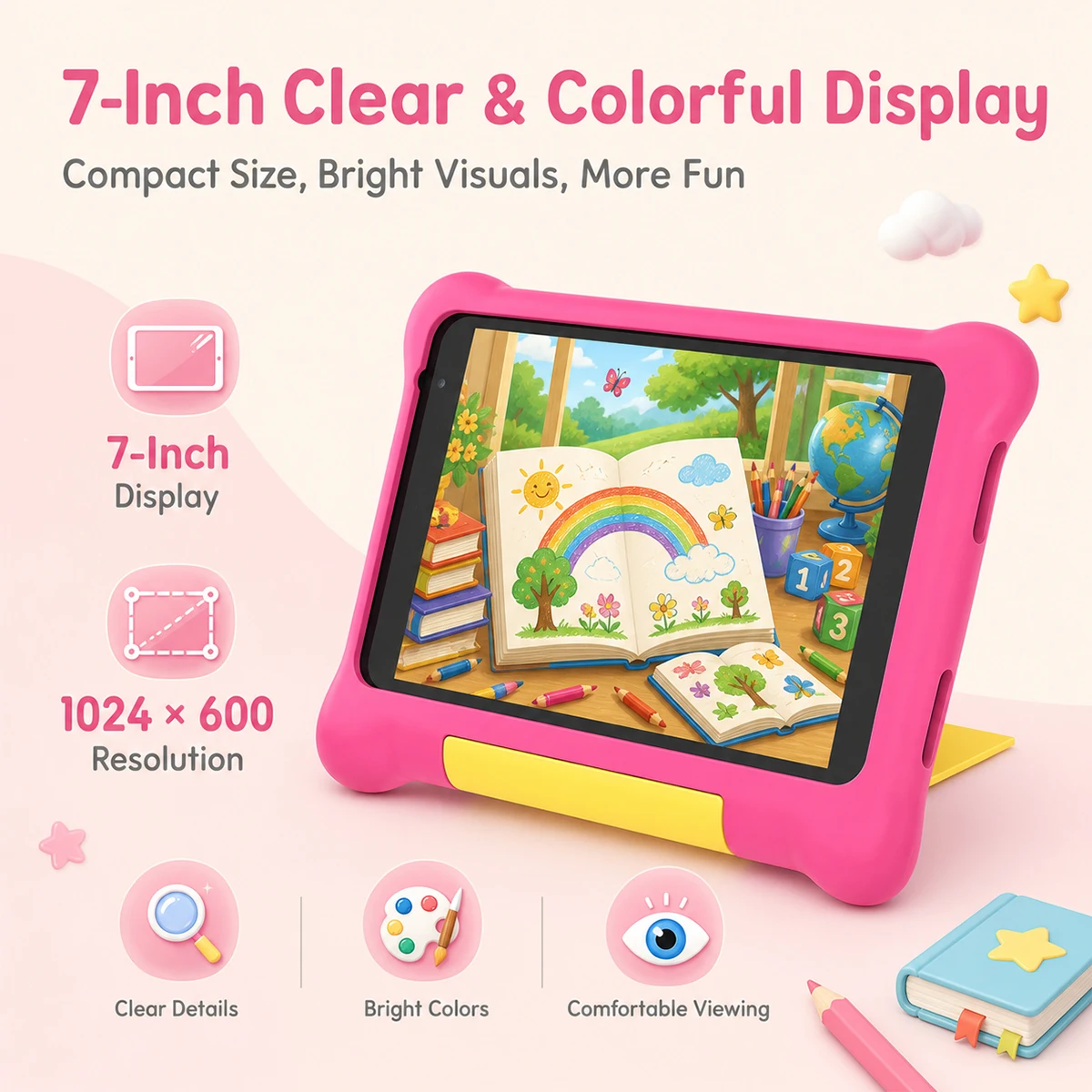 7 Inch Kids Tablet Full Set Android 15 24GB(3+21GB Virtual) 32GB ROM Five‑Core Processor 2800mAh WiFi Bluetooth5.4 With Headphone Writing Drawing Board Carry Bag Children Educational Learning Tablet
