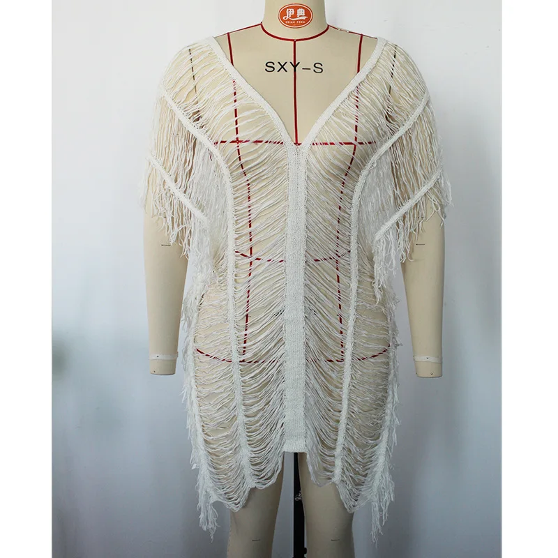 Melphieer-Robe de plage blanche et noire avec glands pour femme, mini cover-up pour les maillots de bain, bikini, paréos, tenue de plage, 2024