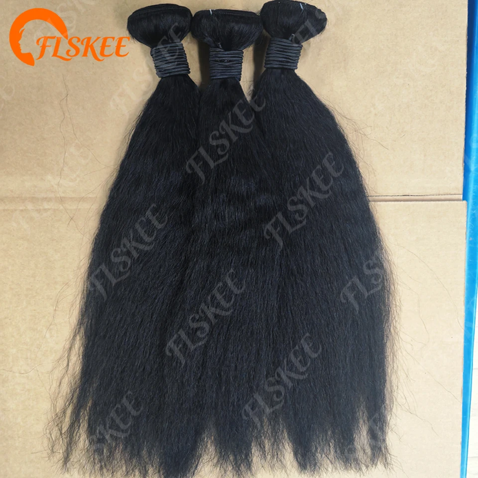 Paquete de 3 trenzas de cabello humano FLSKEE de 30 pulgadas, indio 12A, kinky recto, crudo, yaki recto, doble trama, para trenzar 7