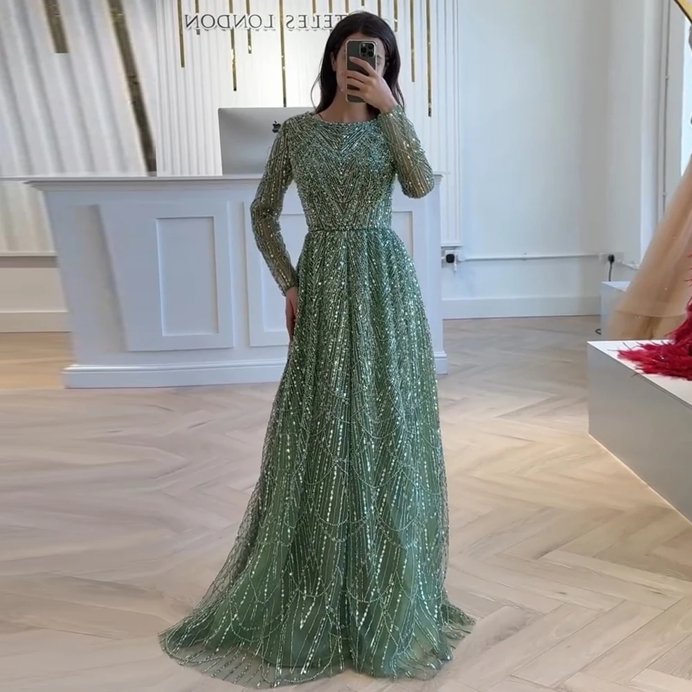 우아한 무슬림 진주 이브닝 드레스 2025 럭셔리 A라인 롱 슬리브 비즈 장식 정장 프롬 웨딩 파티 가운 여성 맞춤 제작
