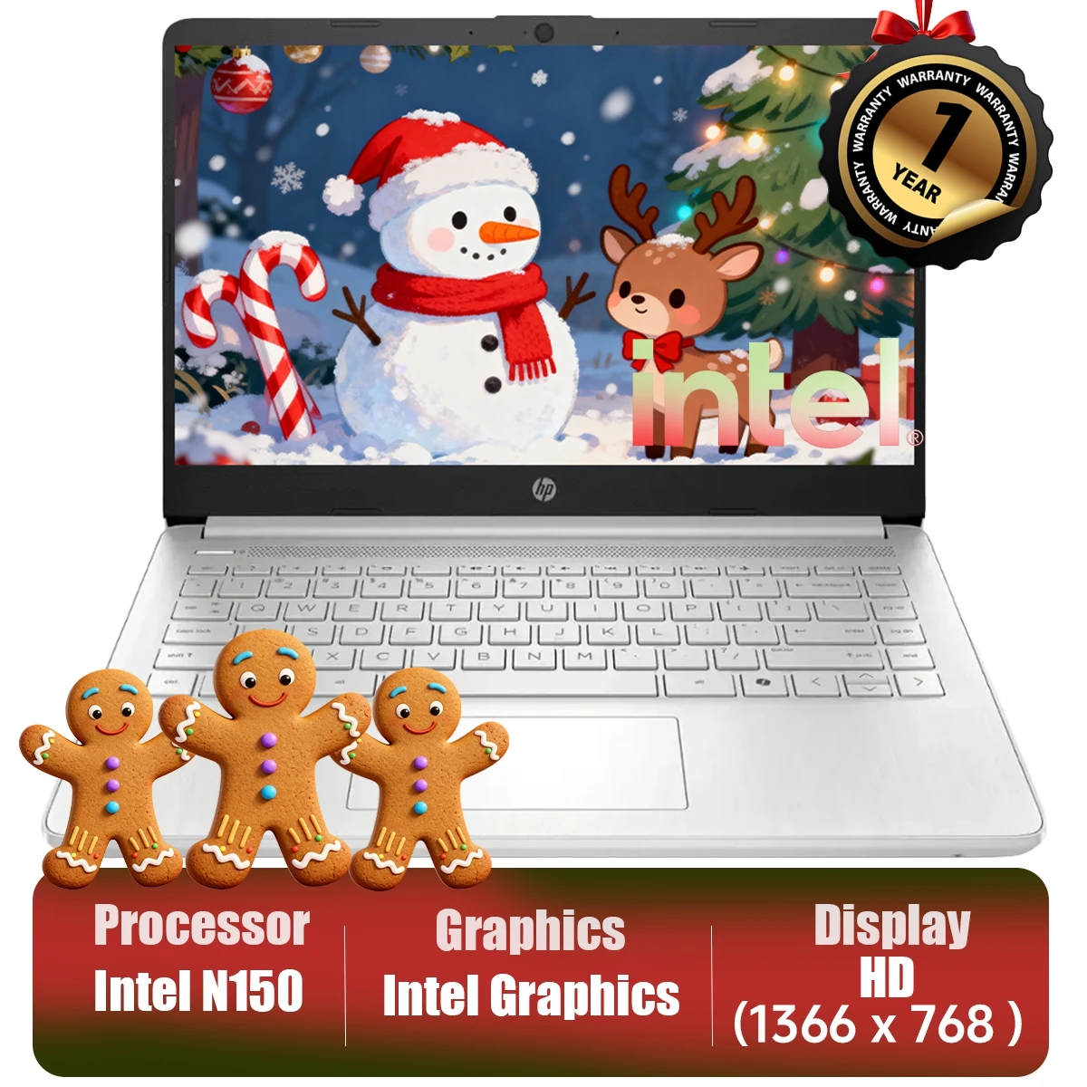 แล็ปท็อปธุรกิจ HP 14" HD, โปรเซสเซอร์ Intel N150, RAM 16GB, UFS 128GB, กราฟิก Intel, Wi-Fi 6, Windows 11 Home, สีเงินธรรมชาติ