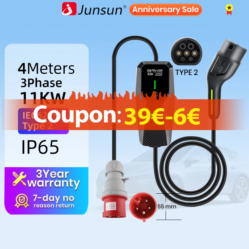 Junsun EV Charger Type 2 Electric Vehicle Wallbox 3.5KW 1phase 16A 4meters Schuko Portable Charger Box EVSE Controller Charging