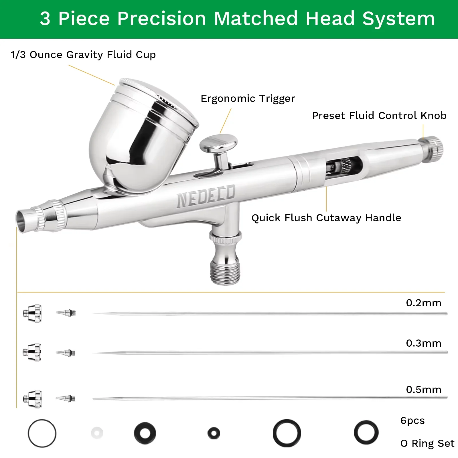 Precision Dual Action Airbrush Kit 0.2/0.3/0.5mm Nozzle Needle Set 1.8m Hose Quick Disconnect Moisture Trap Full Accessories
