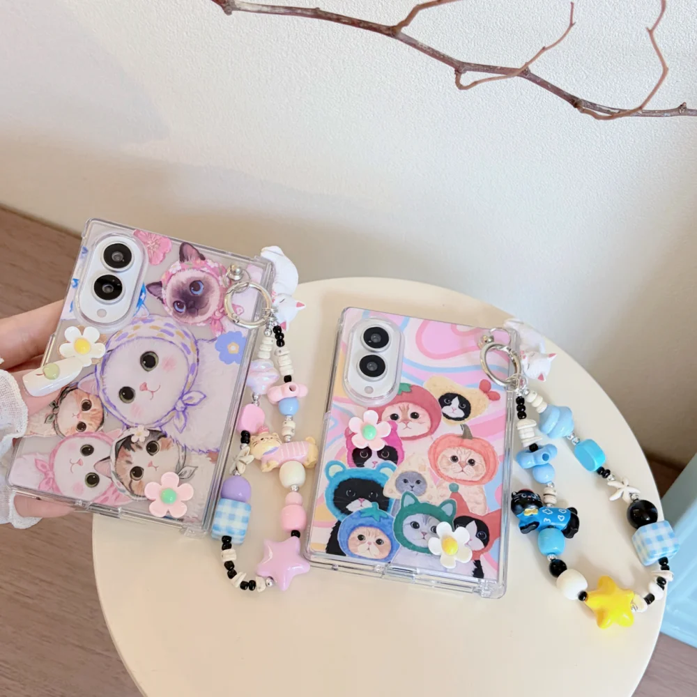 Korean Ins Cute 3D Cartoon Cat Phone Case for Samsung Galaxy Z Fold 8 Z Fold 8 Ultra Kawaii Anti-Fall Protective Case with Charm