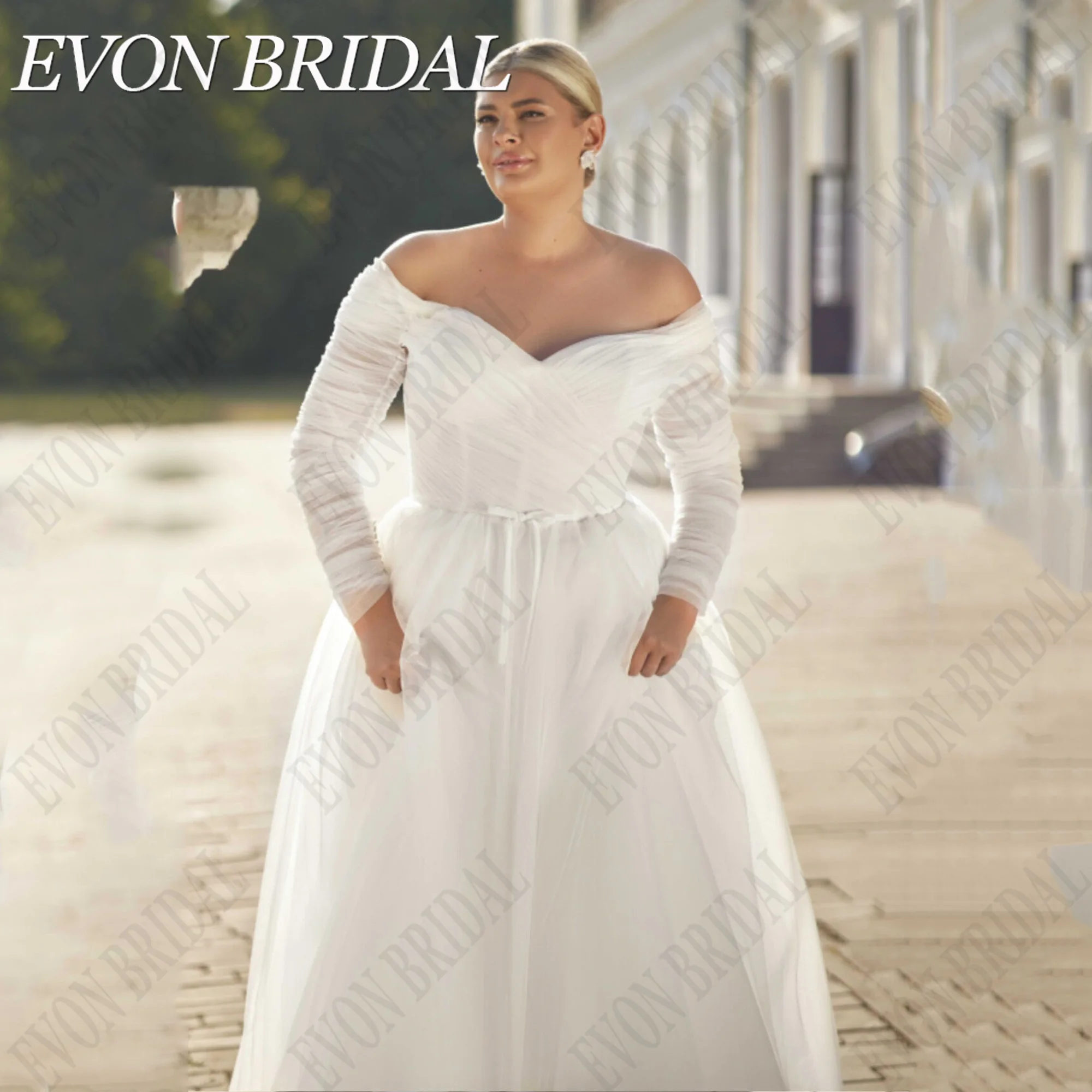 EVON-vestido de novia con hombros descubiertos, traje de novia de talla grande, manga larga, tul, hecho a medida, 2024Evon Bridal hombros expuestos