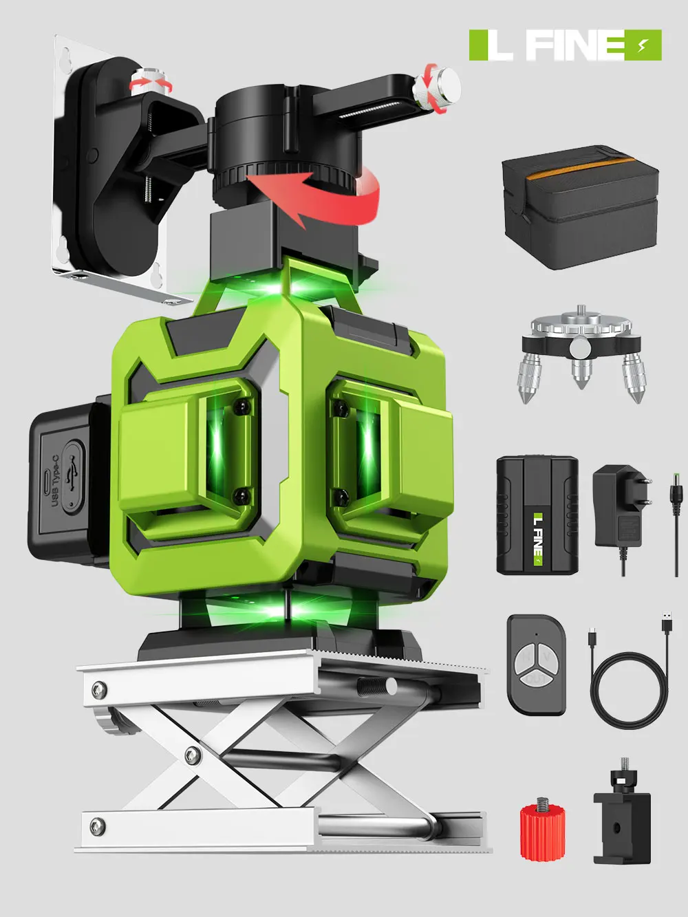 Lfine-laser Verde Cruz Horizontal e Vertical com Controle Remoto Níveis de Laser 4d 16 Linhas Linhas Nível Laser Auto-nivelante 360