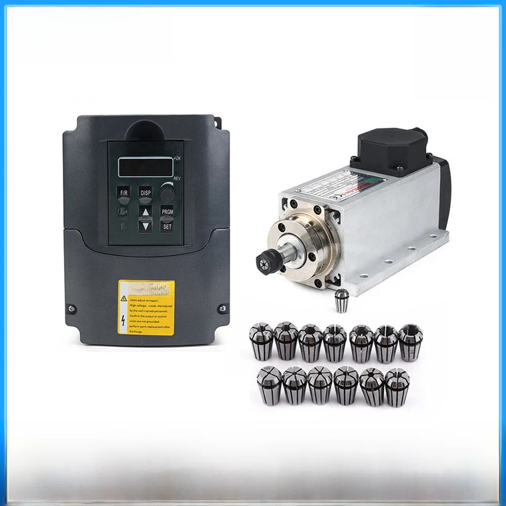 Nowy zestaw wrzeciona chłodzonego powietrzem CNC 1.5kw 220V/110V 1500W kwadratowy chłodzony powietrzem silnik wrzeciona + 1.5KW falownik VFD + 13 sztuk/zestaw ER11 — zdjęcie 2