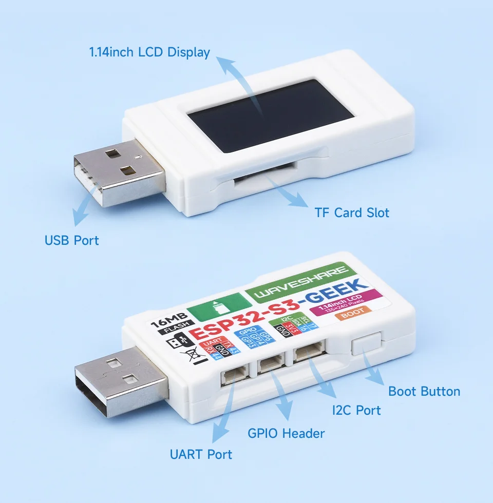 ESP32-S3 GEEK 온보드 UART GPIO I2C 포트, 1.14 인치 컬러 LCD, USB 와이파이, 블루투스 LE ESP32-S3R2, 16MB FLASH.TF 카드 슬롯