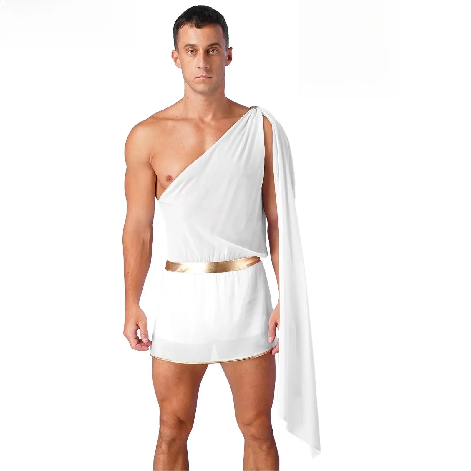 Mannen Halloween Oude Griekse God Koning Prins Solider Cosplay Kostuum Een Schouder Romeinse Toga Rokjes Bodysuit Met Blad Hoofddeksels - afbeelding 2