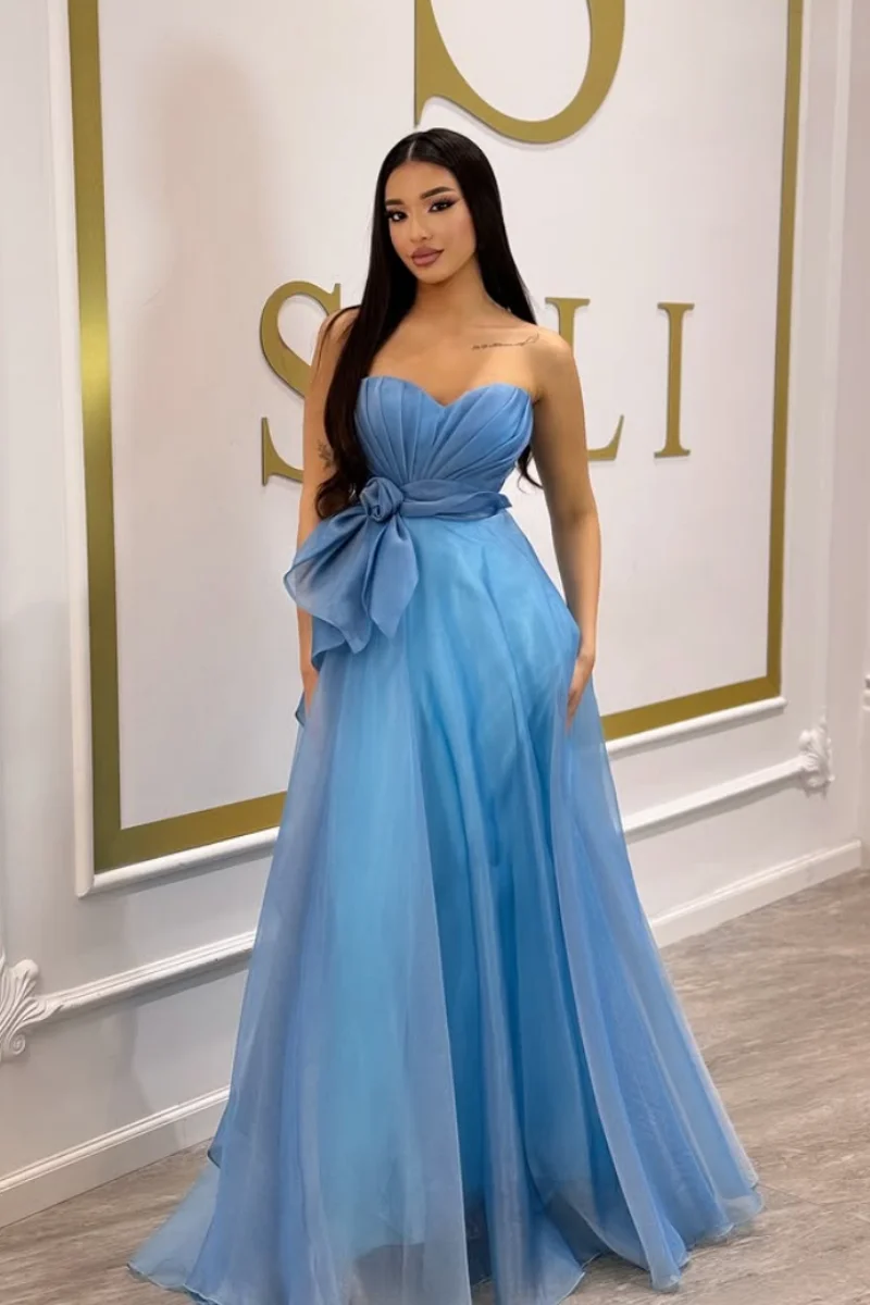 Jessica Pleated Blue Evening Dresses A-line Organza Prom Dresses Sexy Off-the-shoulder A-line Vestidos De Gala Customized