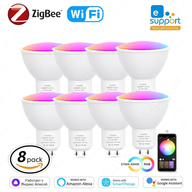 8 sztuk EWelink GU10 Zigbee Żarówki LED WiFi Inteligentna lampa LED RGB CW WW Żarówka LED współpracuje z Alexa Voice Google Yandex SmartThings