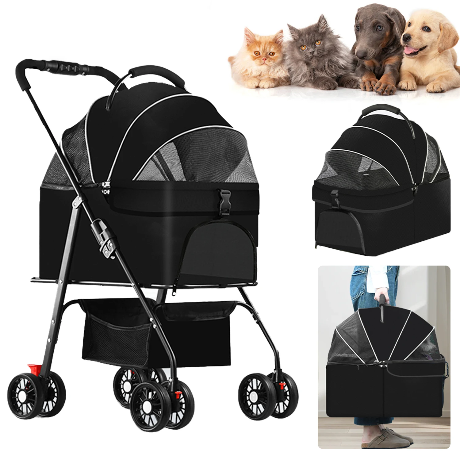 Portable Pet Stroller Foldable Detachable Double Layer Pet Trolley Outdoor Cats And Dogs Outing Trolleys With Cup Holder