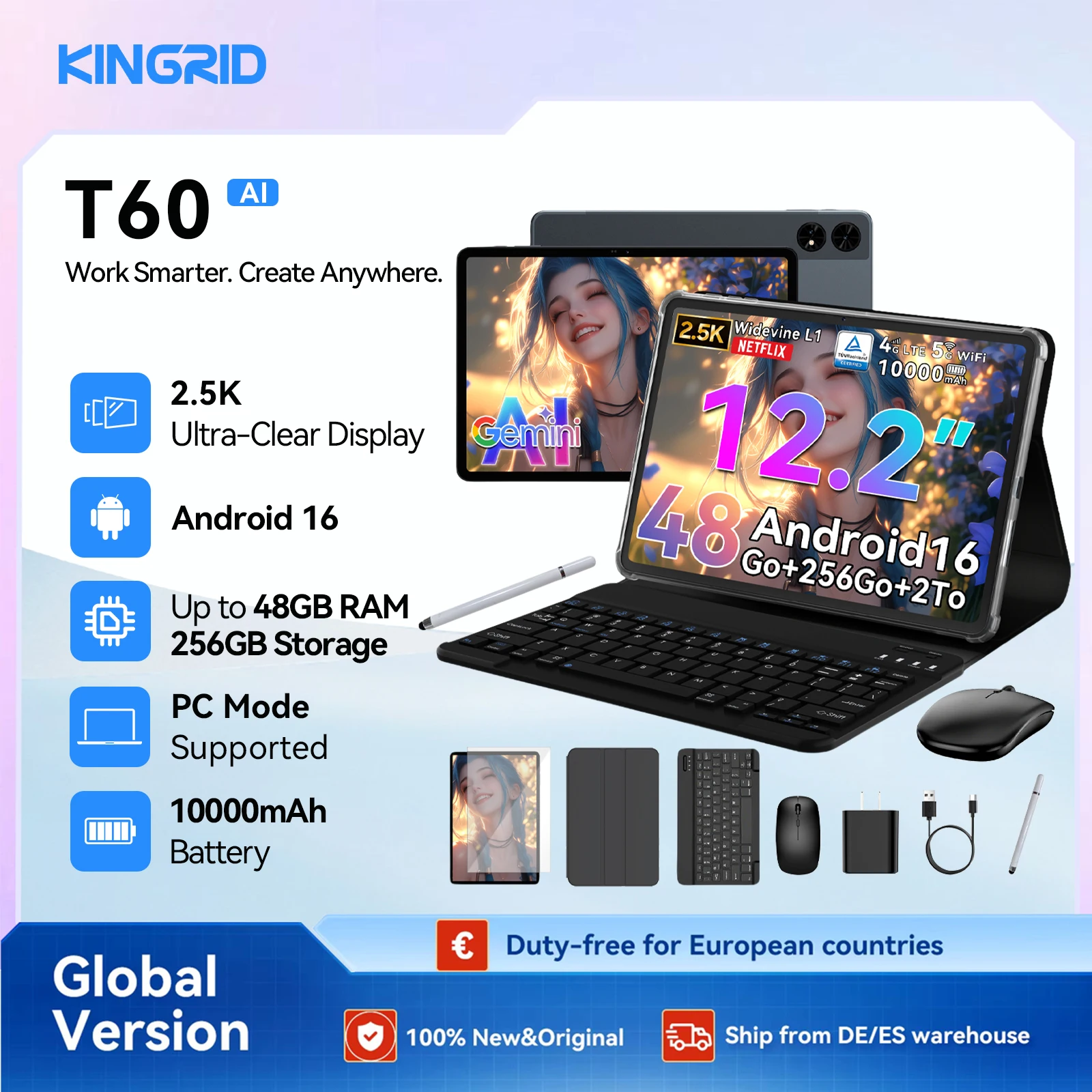 Tablet PC KINGRID T60 con Android 16, teclado, ratón y funda, pantalla de 12.2 pulgadas y 2.5K, 24GB de RAM, 256GB de… — oferta en AliExpress